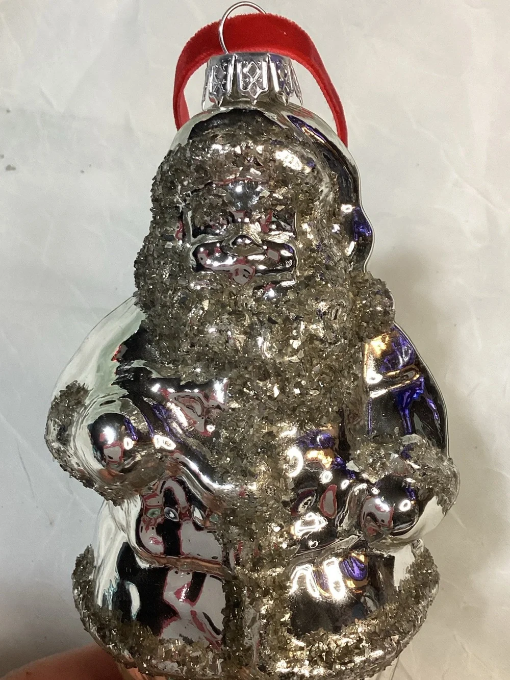 Silver Mercury Glass Glitter Santa Ornament Red Velvet Ribbon 5.5